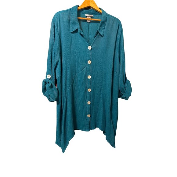 Catherines Tops - Catherines Crinkle Shirt Tunic Women's 2X Sharkbite Hem Teal Shell Buttons